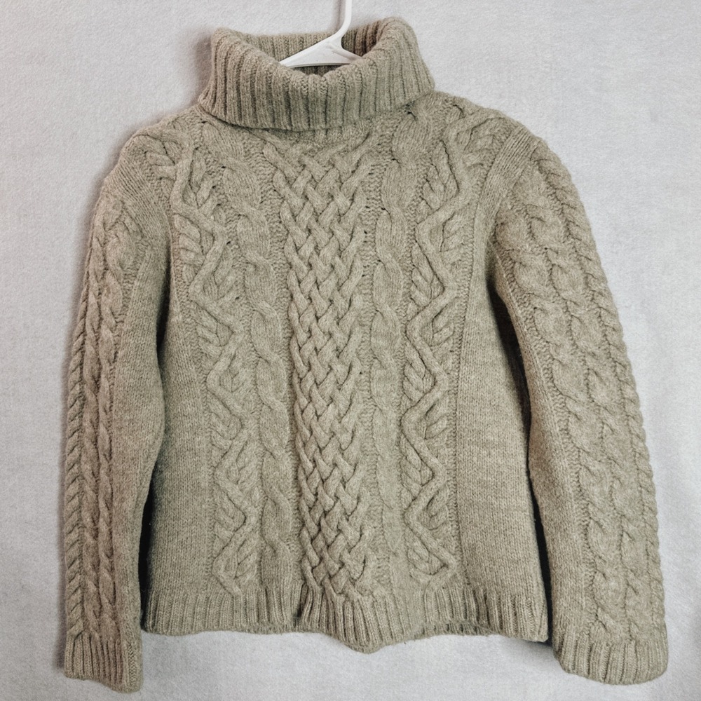 Peregrine Women's M Pure New Wool Cable Knit Turtleneck Sweater Beige Fits Small